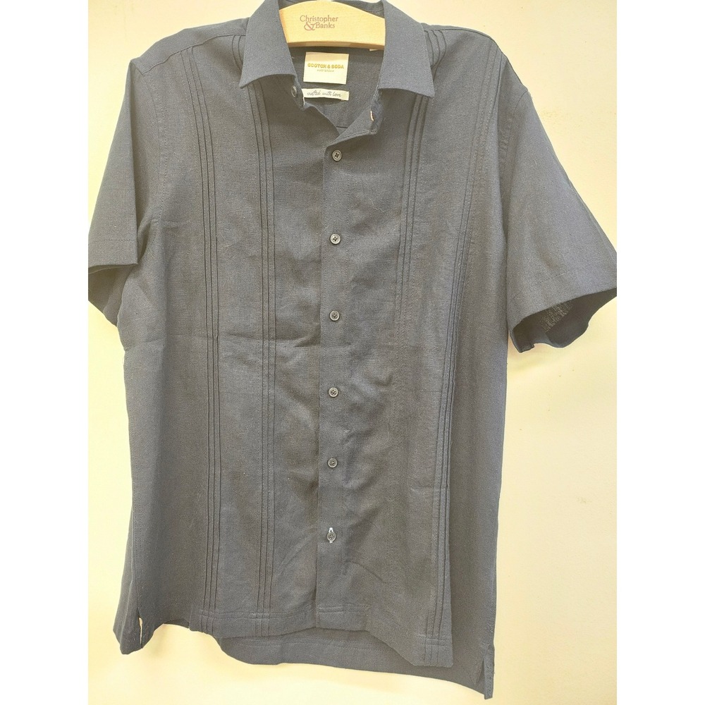 Scotch & Soda Navy Blue Pintuck Guayabera Style Short Sleeve Button Down Shirt M